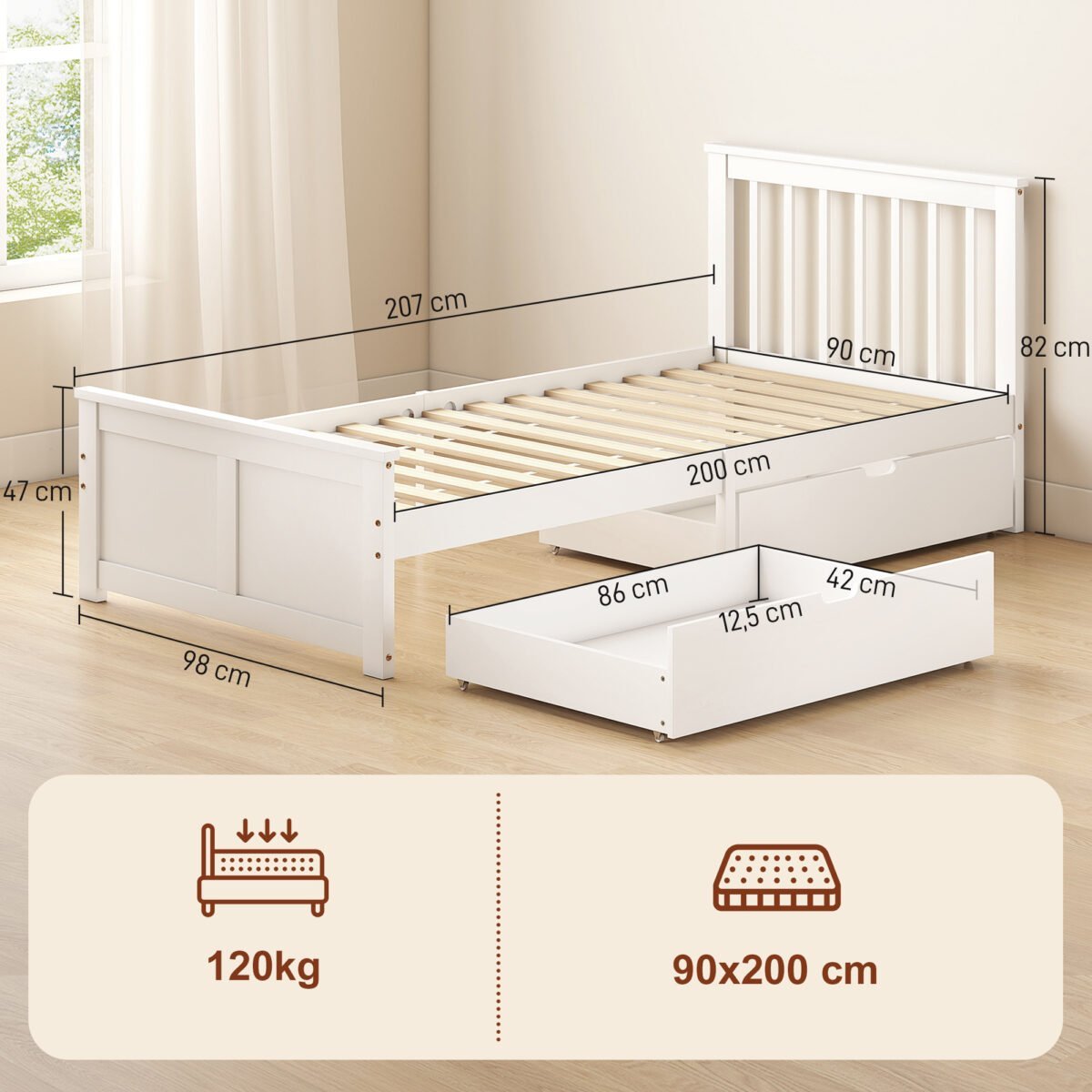 Viengulis medinis lovos rėmas su dviem stalčiais ir integruotomis grotelėmis – Paveikslėlis 3