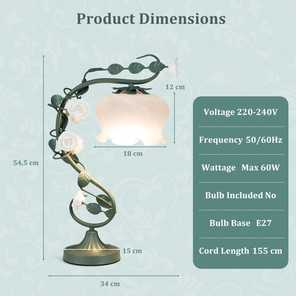 Vintažinė stalinė lempa su pakalnučių stiklo gaubtu ir keraminėmis rožėmis (Žalia) – Paveikslėlis 2