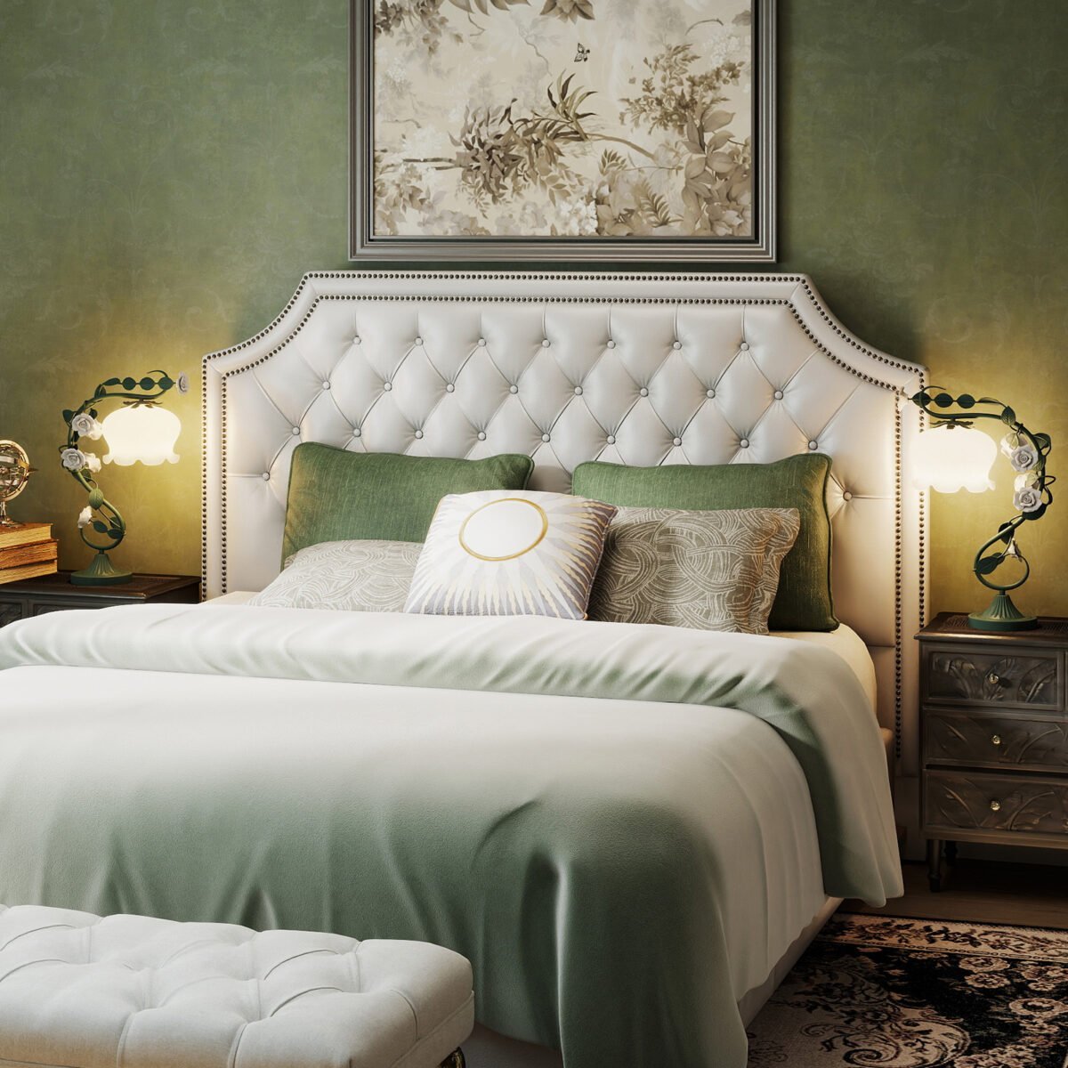 Vintažinė stalinė lempa su pakalnučių stiklo gaubtu ir keraminėmis rožėmis (Žalia) – Paveikslėlis 3