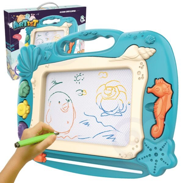 Žalia magnetinė piešimo lenta su vandenyno motyvų antspaudėliais