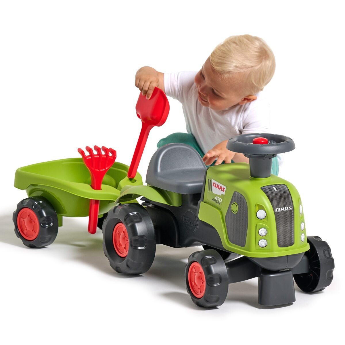 Žalias traktoriukas stumdukas su nuimama priekaba ir smėlio žaislais – Paveikslėlis 13