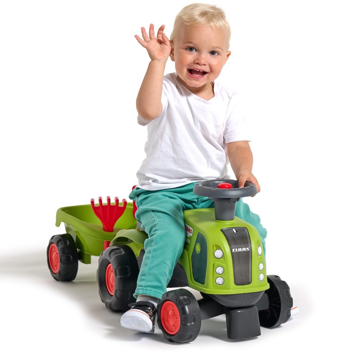Žalias traktoriukas stumdukas su nuimama priekaba ir smėlio žaislais – Paveikslėlis 14