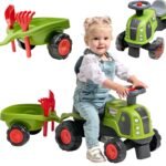 Žalias traktoriukas stumdukas su nuimama priekaba ir smėlio žaislais