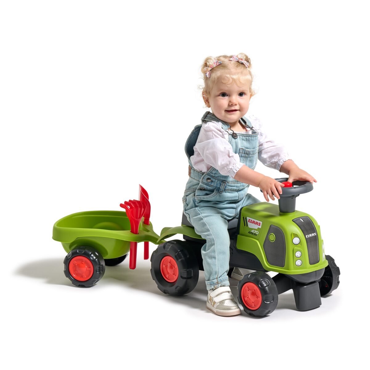 Žalias traktoriukas stumdukas su nuimama priekaba ir smėlio žaislais – Paveikslėlis 9