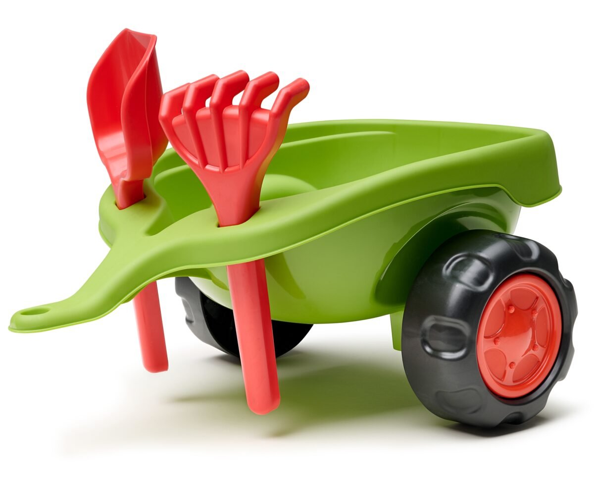 Žalias traktoriukas stumdukas su nuimama priekaba ir smėlio žaislais – Paveikslėlis 10
