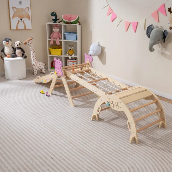 Daugiafunkcinis sulankstomas laipiojimo rinkinys vaikams su trikampiu ir arka (Natūrali)