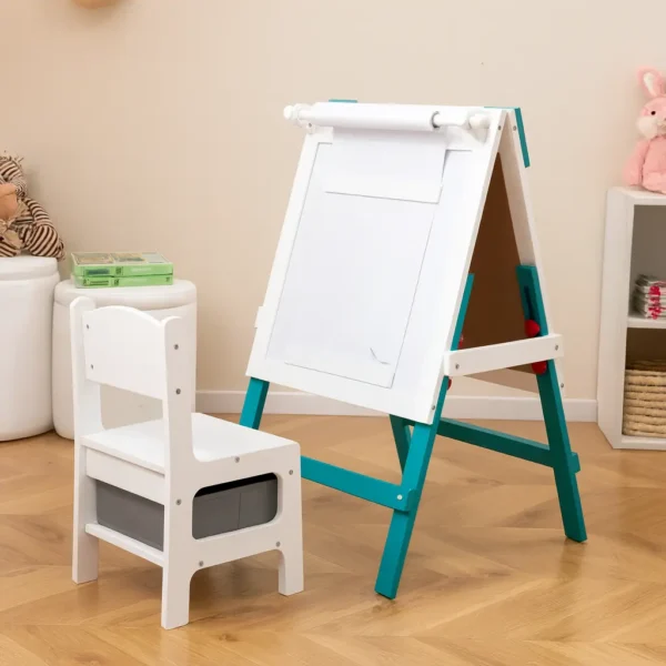 Dvipusė vaikų piešimo lenta su kėdute ir reguliuojamu aukščiu (Žalia)