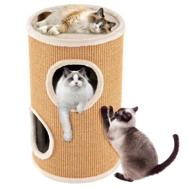 Kačių draskyklė-bokštas su 3 guoliais ir sizalio draskykle (Smėlio spalvos)