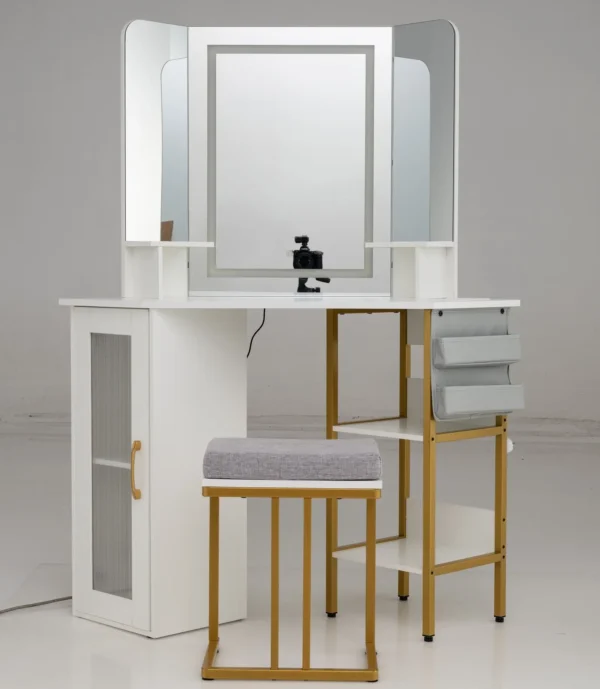 Kampinis kosmetinis staliukas su LED veidrodžiu ir įkrovimo stotele (Balta)