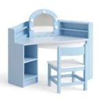 Kampinis vaikiškas kosmetinis staliukas su veidrodžiu apšvietimu ir kėdžių komplektu (Mėlyna)