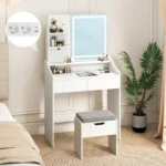 Kosmetinis staliukas su LED veidrodžiu ir pufu-daiktadėže (Balta)