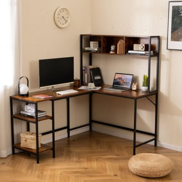 L formos kampinis stalas su lentynėlėmis ir ausinių kabliu (Kaimiška ruda)