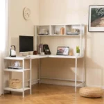 L formos kampinis stalas su lentynomis (Balta)