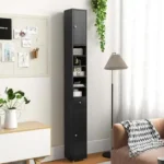 Siaura vonios spintelė su reguliuojamomis lentynomis (Juoda)