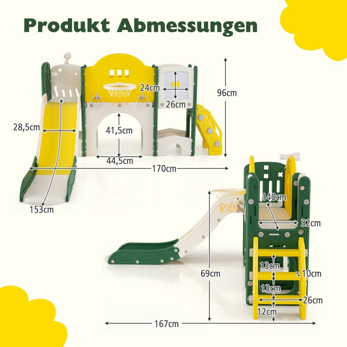 Vaikų žaidimų aikštelė su čiuožykla ir krepšinio lanku (Geltona) – Paveikslėlis 2