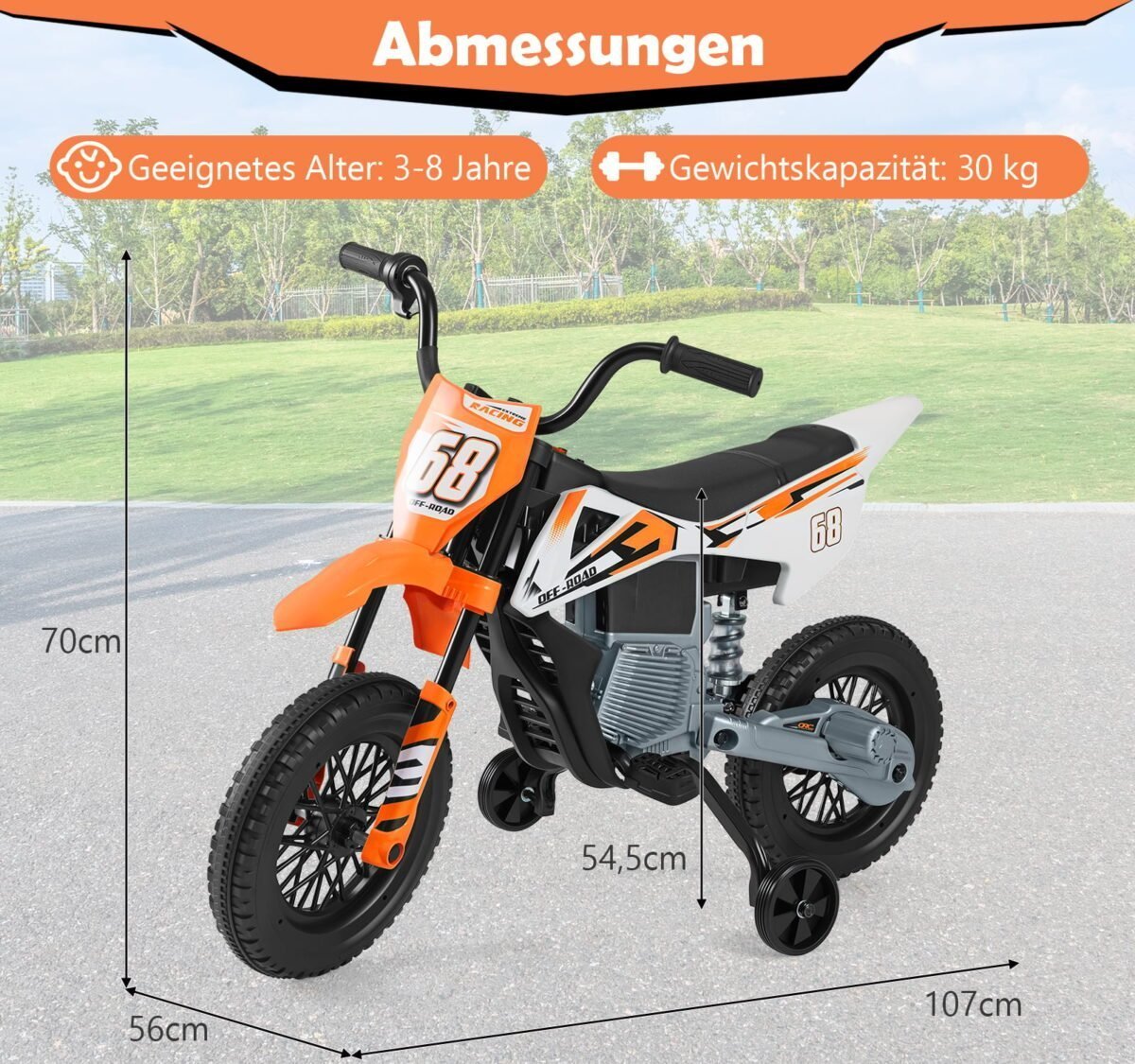 Elektrinis motociklas vaikams su nuimamais pagalbiniais ratukais ir amortizacija 12V (Oranžinė) – Paveikslėlis 2