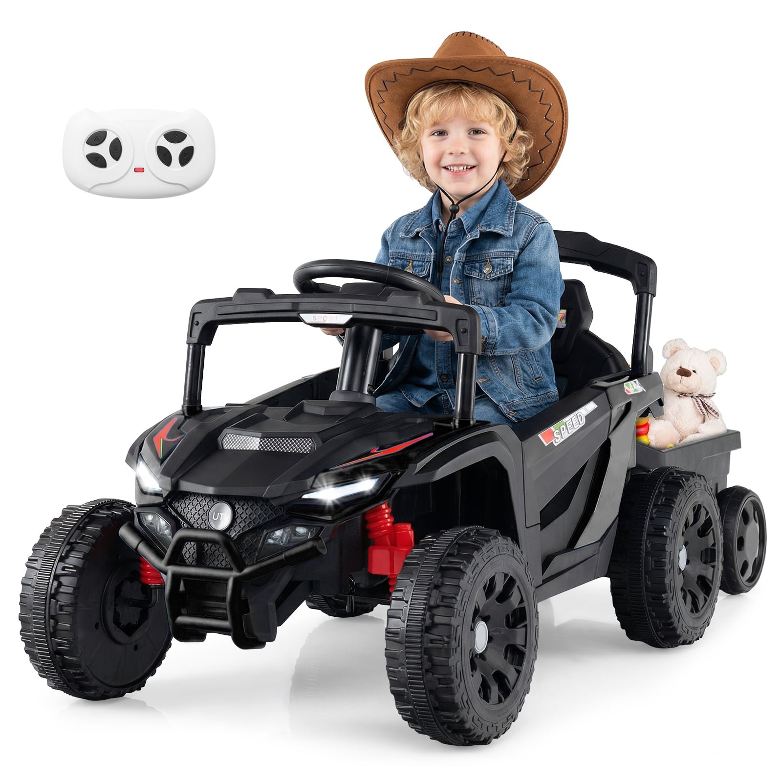 12V elektrotraktorius su nuimama priekaba ir tėvų valdymo pulteliu (Juoda)