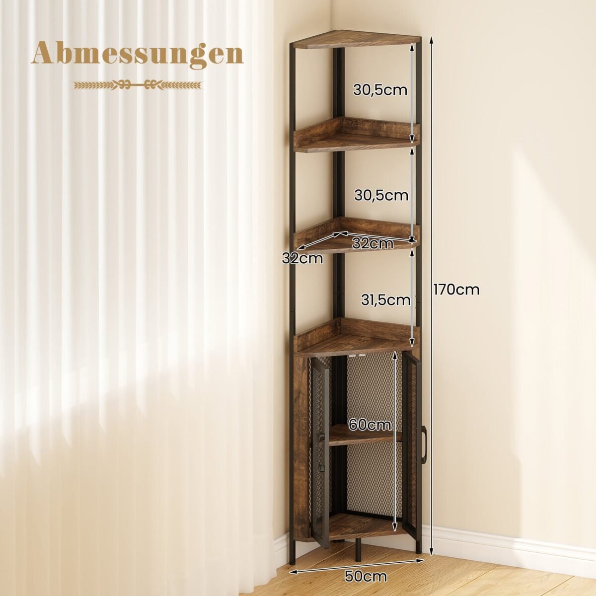 170 cm aukščio kampinė lentyna su spintele ir metaliniu rėmu (Kaimiška ruda) – Paveikslėlis 2