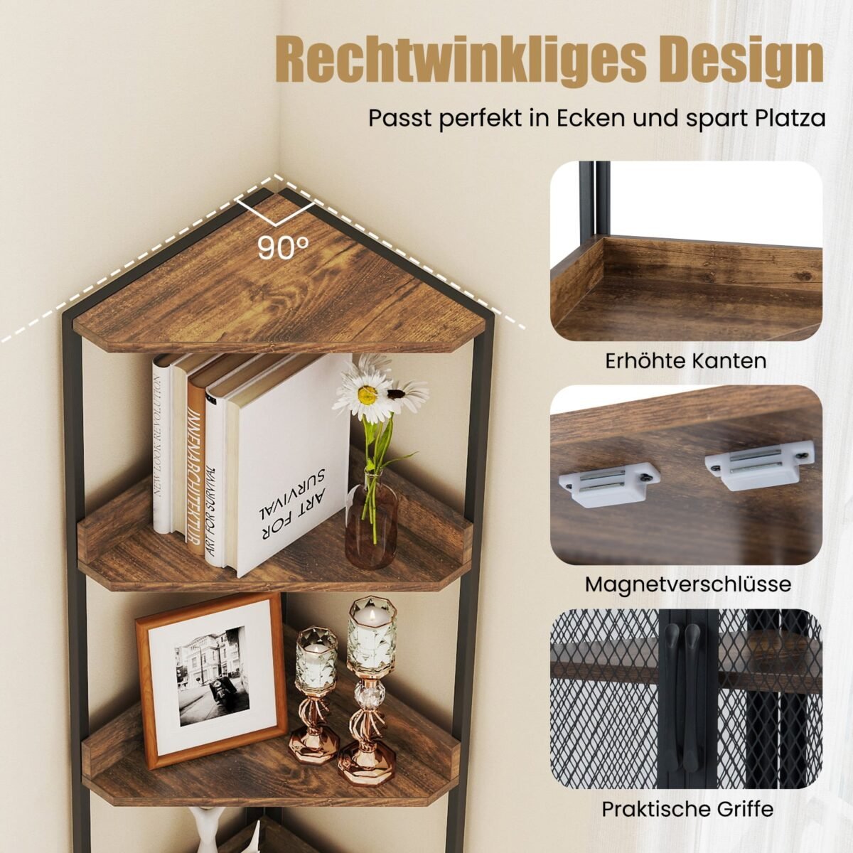 170 cm aukščio kampinė lentyna su spintele ir metaliniu rėmu (Kaimiška ruda) – Paveikslėlis 5