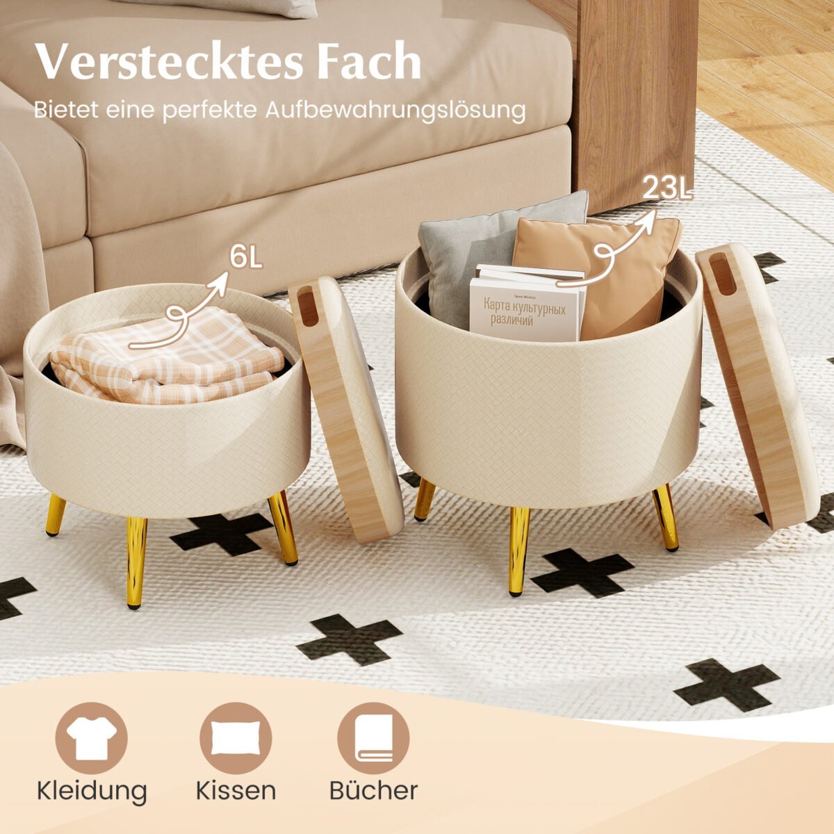 2 dalių apvalių pufų komplektas su daiktadėže ir sulankstomais padėklais (Smėlio) – Paveikslėlis 4