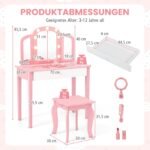 2-in-1 vaikiškas makiažo staliukas su nuimamu veidrodžiu ir LED apšvietimu (Rožinė)
