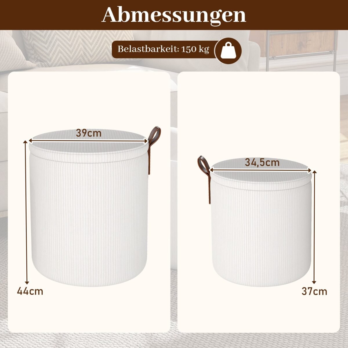 2 vnt. Apvalūs įstatomi pufai su paslėpta saugykla (Balta) – Paveikslėlis 2