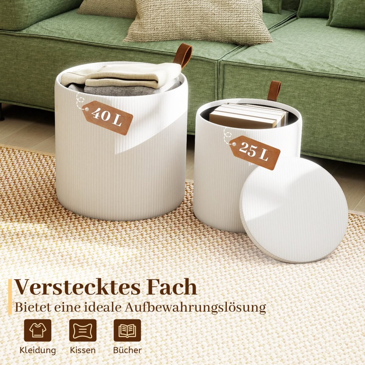 2 vnt. Apvalūs įstatomi pufai su paslėpta saugykla (Balta) – Paveikslėlis 3