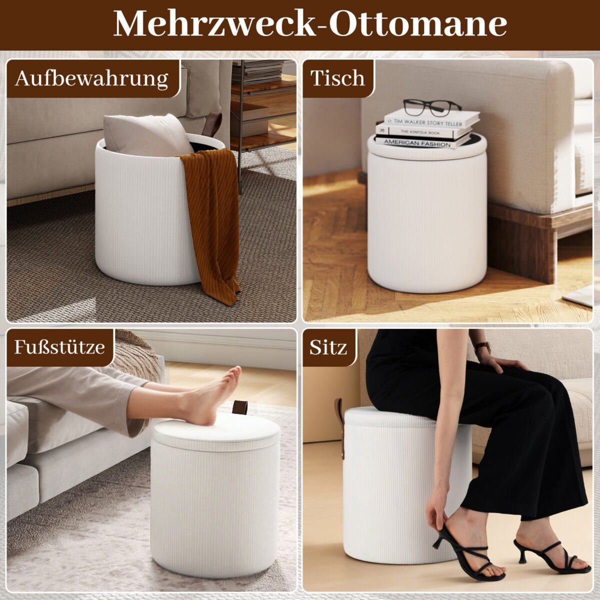 2 vnt. Apvalūs įstatomi pufai su paslėpta saugykla (Balta) – Paveikslėlis 4