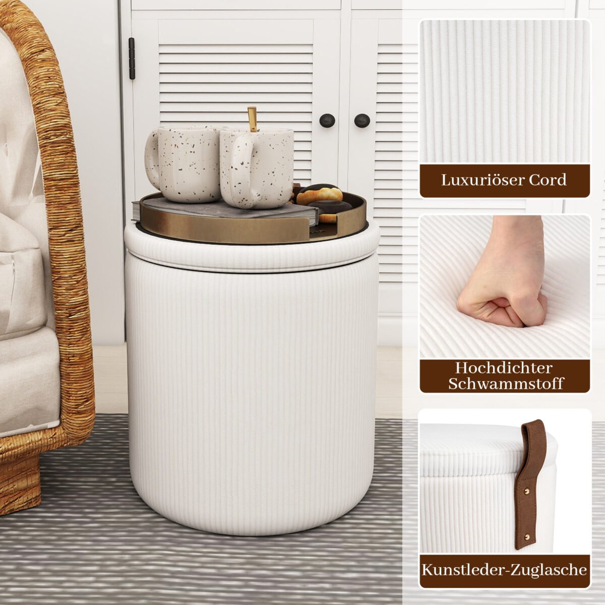 2 vnt. Apvalūs įstatomi pufai su paslėpta saugykla (Balta) – Paveikslėlis 5