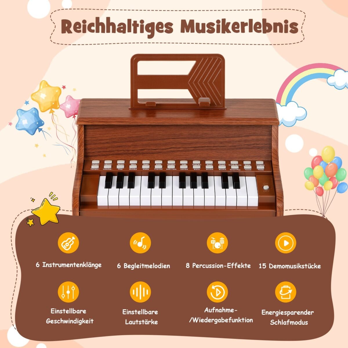 25 klavišų elektroninis pianinas vaikams su reguliuojamu tempu (Ruda) – Paveikslėlis 3