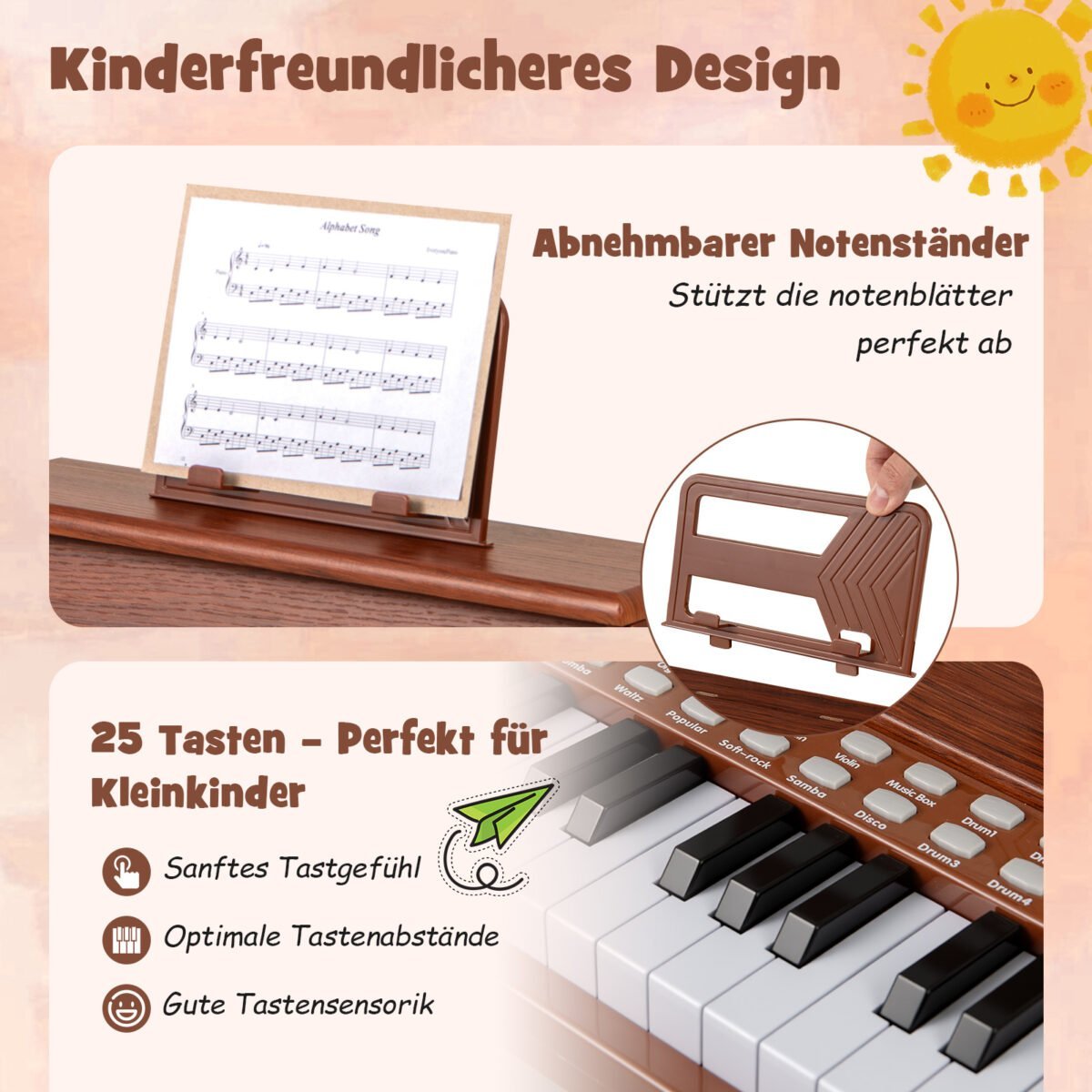 25 klavišų elektroninis pianinas vaikams su reguliuojamu tempu (Ruda) – Paveikslėlis 5