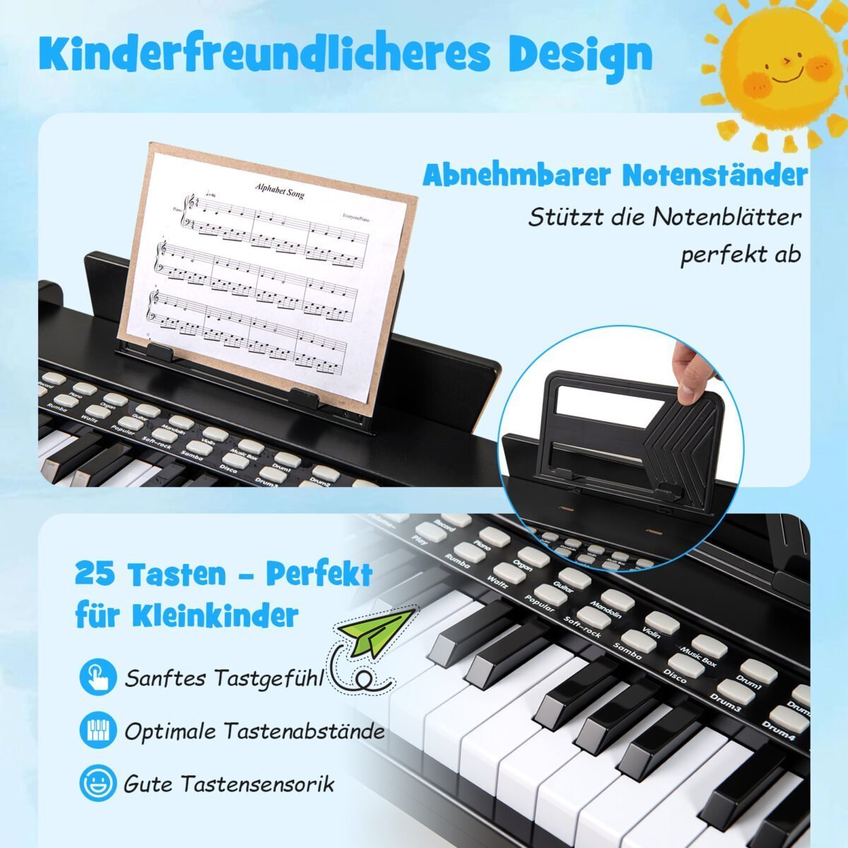 25 klavišų skaitmeninis mini pianinas vaikams su reguliuojamu greičiu (Juoda) – Paveikslėlis 4