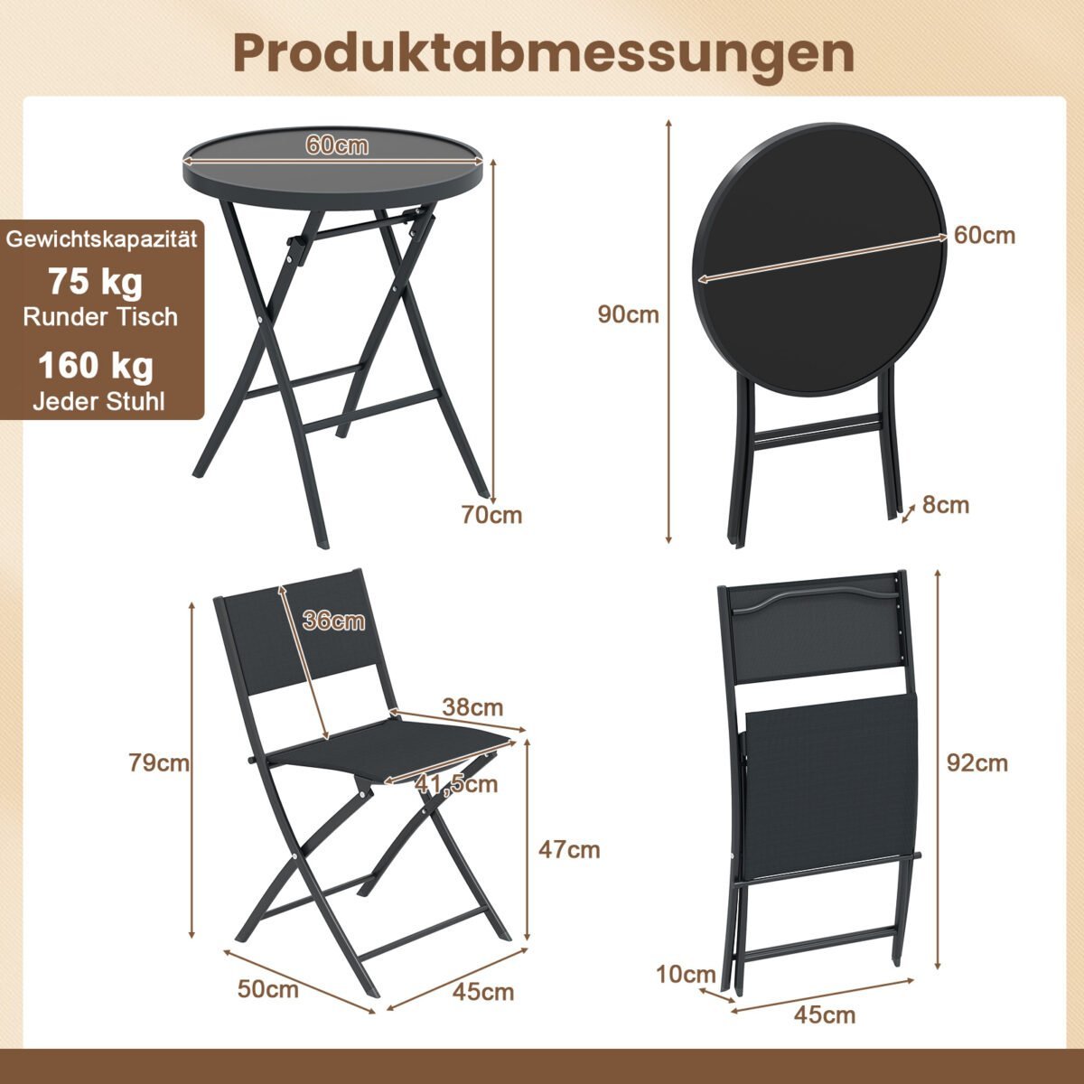 3 dalių sulankstomas bistro rinkinys su grūdinto stiklo stalviršiu bei orui pralaidžiomis sėdynėmis (Juoda) – Paveikslėlis 2