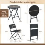 3 dalių sulankstomas bistro rinkinys su grūdinto stiklo stalviršiu bei orui pralaidžiomis sėdynėmis (Juoda) – Paveikslėlis 2