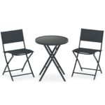 3 dalių sulankstomas bistro rinkinys su grūdinto stiklo stalviršiu bei orui pralaidžiomis sėdynėmis (Juoda)