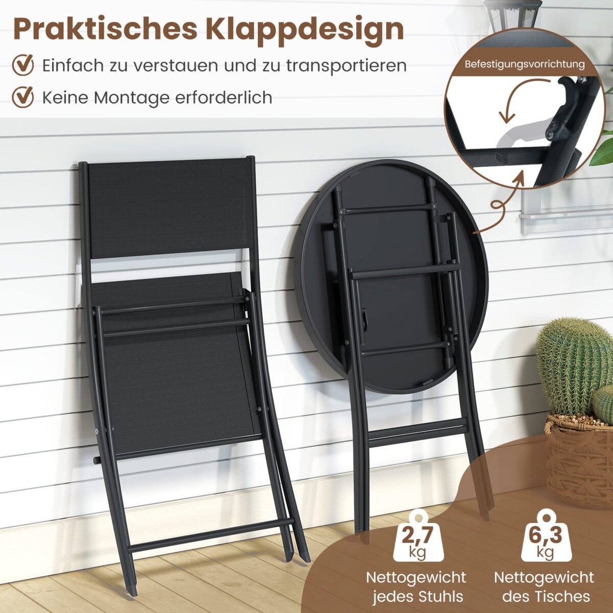 3 dalių sulankstomas bistro rinkinys su grūdinto stiklo stalviršiu bei orui pralaidžiomis sėdynėmis (Juoda) – Paveikslėlis 3