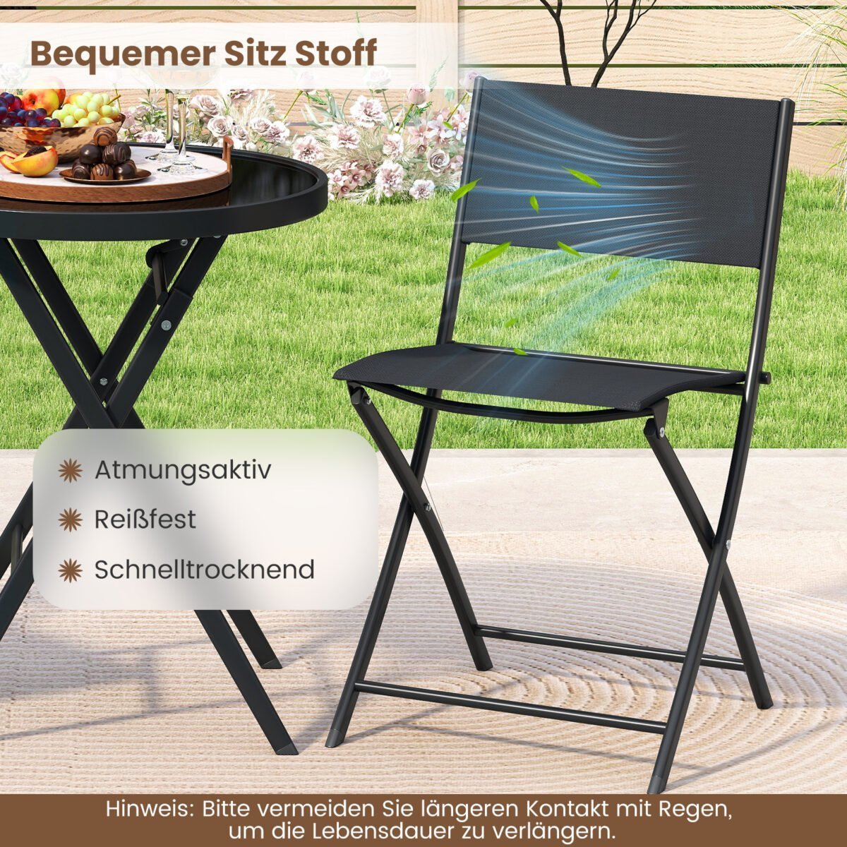 3 dalių sulankstomas bistro rinkinys su grūdinto stiklo stalviršiu bei orui pralaidžiomis sėdynėmis (Juoda) – Paveikslėlis 5