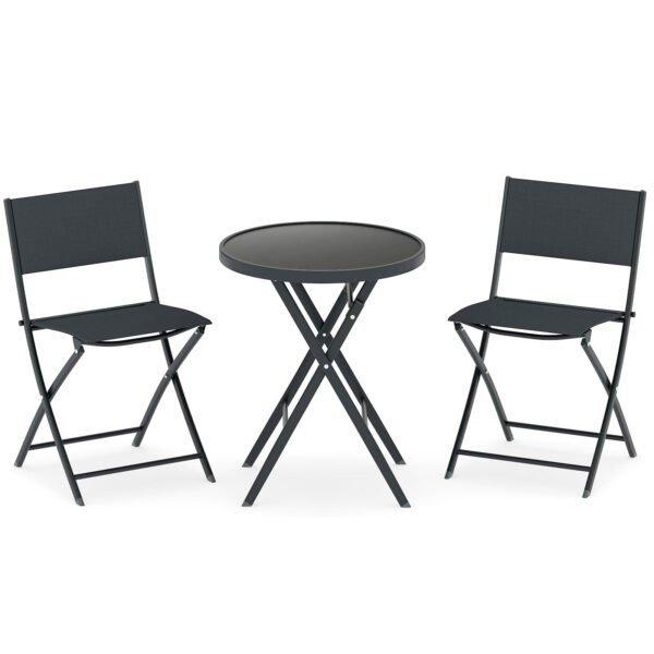 3 dalių sulankstomas bistro rinkinys su grūdinto stiklo stalviršiu bei orui pralaidžiomis sėdynėmis (Juoda)