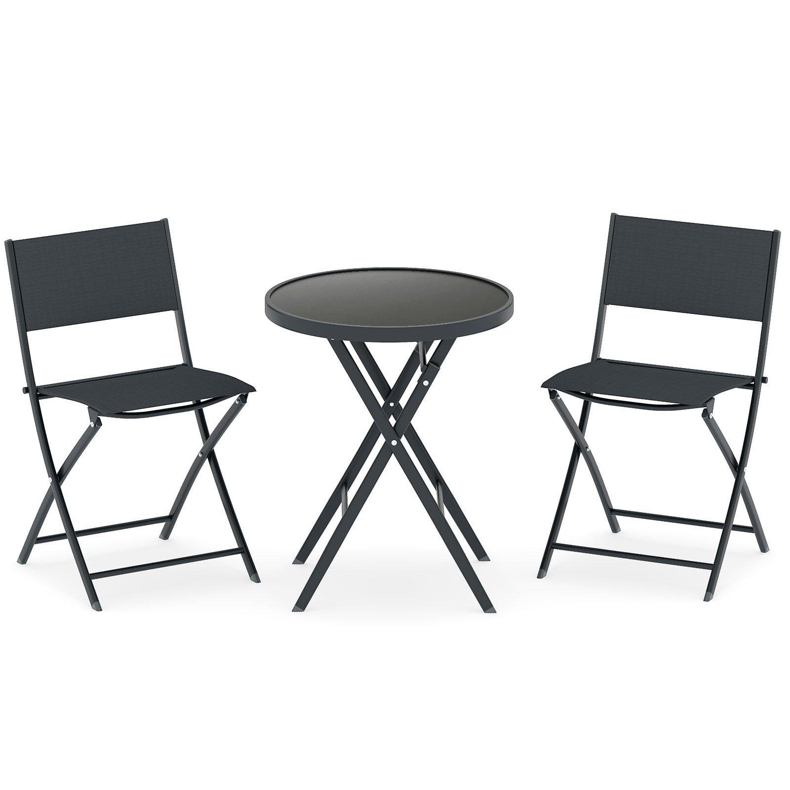 3 dalių sulankstomas bistro rinkinys su grūdinto stiklo stalviršiu bei orui pralaidžiomis sėdynėmis (Juoda) 3 dalių sulankstomas bistro rinkinys su grūdinto stiklo stalviršiu bei orui pralaidžiomis sėdynėmis (Juoda)