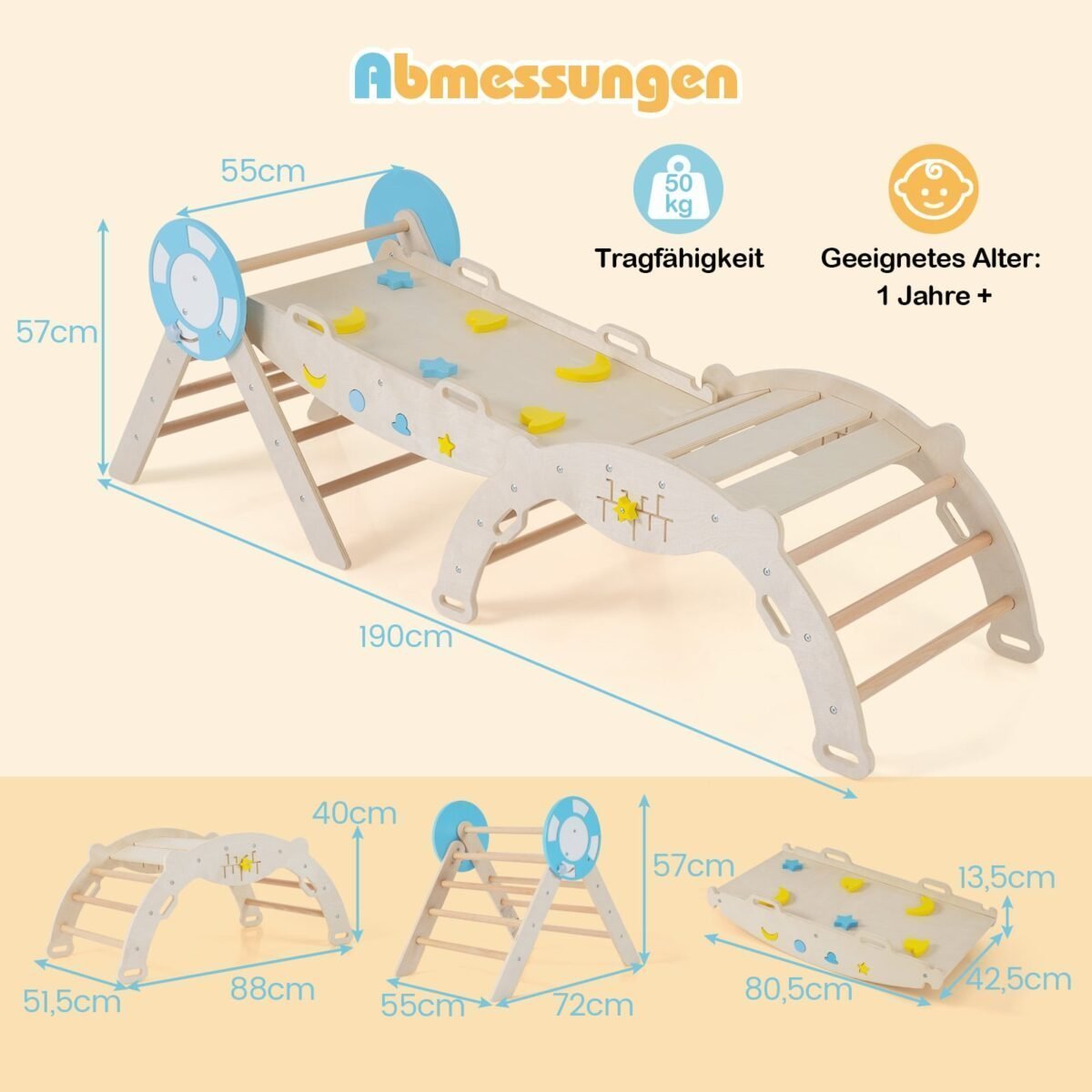 3 dalių sulankstomas laipiojimo ir čiuožimo rinkinys vaikams su kaladėlėmis (Natūrali) – Paveikslėlis 2