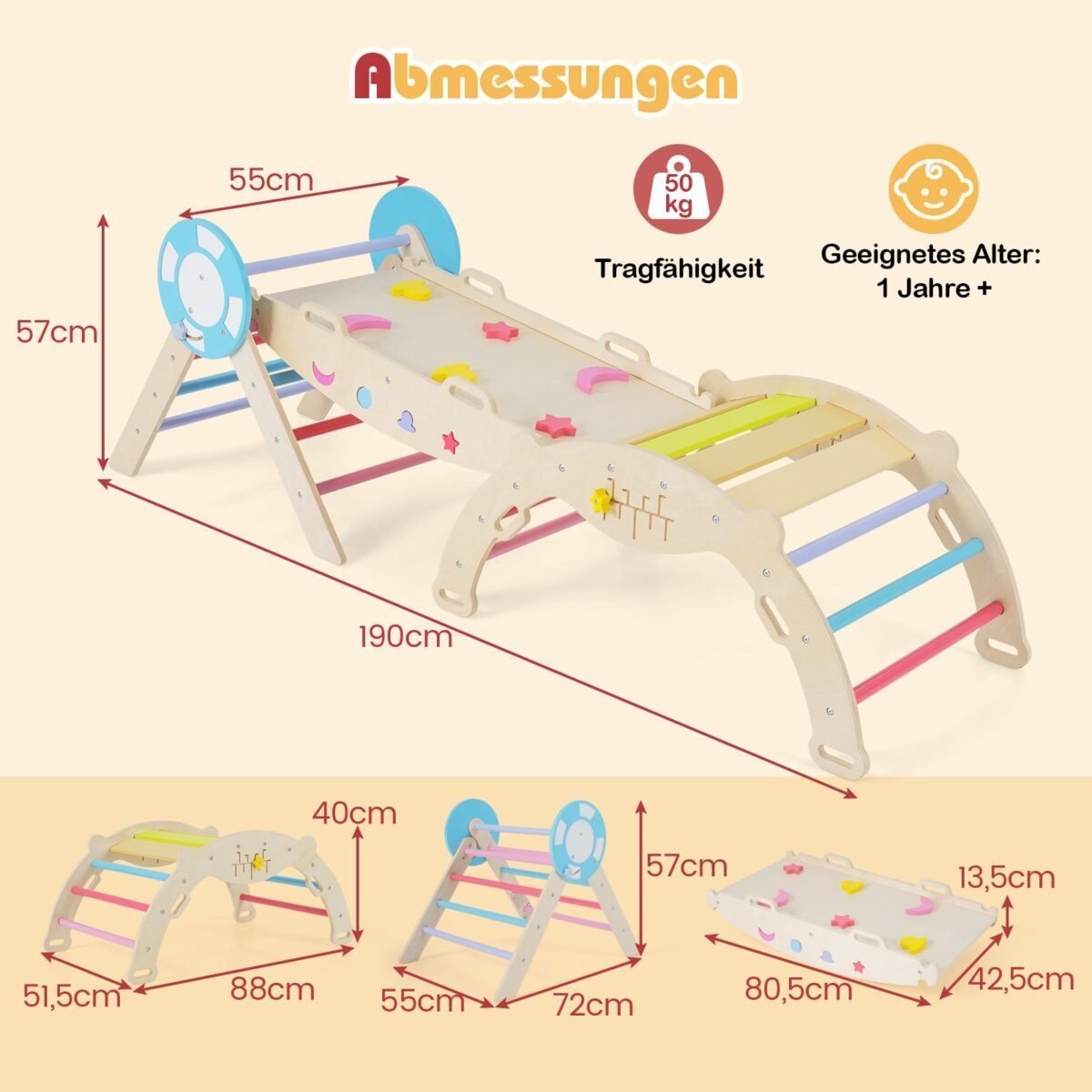 3 dalių sulankstomas laipiojimo komplektas su trikampiu čiuožykla ir lanku (Daugiaspalvė) – Paveikslėlis 2