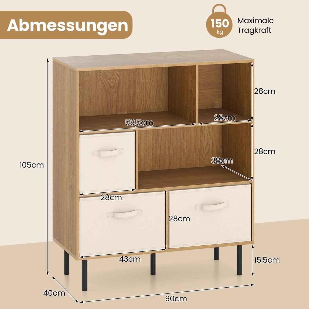 3 pakopų lentyna su 6 skyriais ir 3 išimamais stalčiais (Natūrali) – Paveikslėlis 2