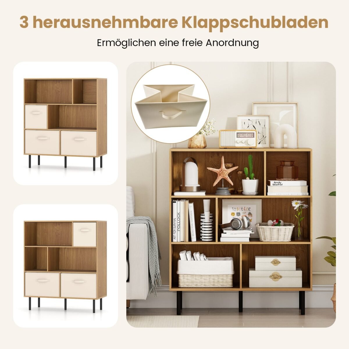 3 pakopų lentyna su 6 skyriais ir 3 išimamais stalčiais (Natūrali) – Paveikslėlis 3