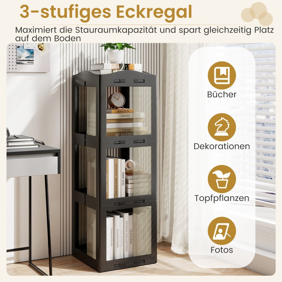 Besisukanti 3 pakopų knygų lentyna 360°  (Juoda) – Paveikslėlis 5