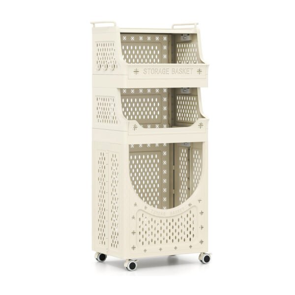 4-Pakopių Sulankstomas Skalbinių Vežimėlis su Fiksuojamais Ratukais (Smėlio)