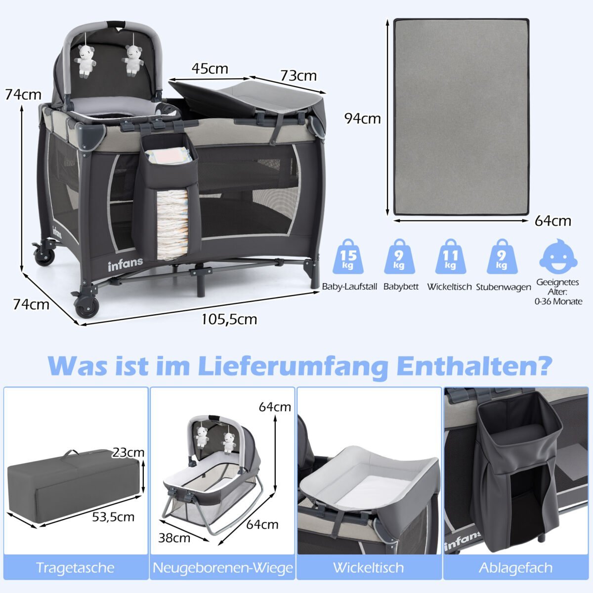 Kelioninė lovelė-maniežas kūdikiui su vystymo stalu ir lopšiu (Pilka) – Paveikslėlis 2