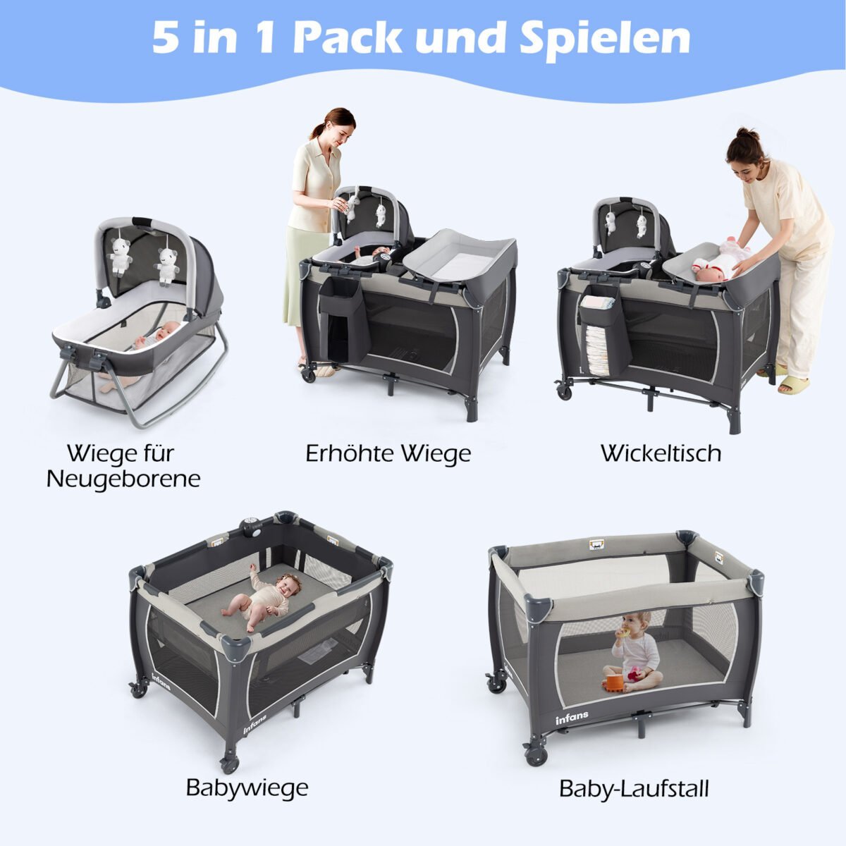 Kelioninė lovelė-maniežas kūdikiui su vystymo stalu ir lopšiu (Pilka) – Paveikslėlis 3