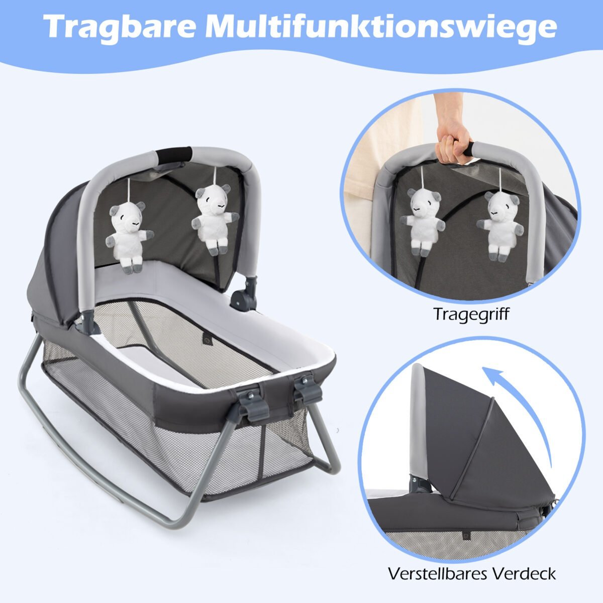 Kelioninė lovelė-maniežas kūdikiui su vystymo stalu ir lopšiu (Pilka) – Paveikslėlis 4