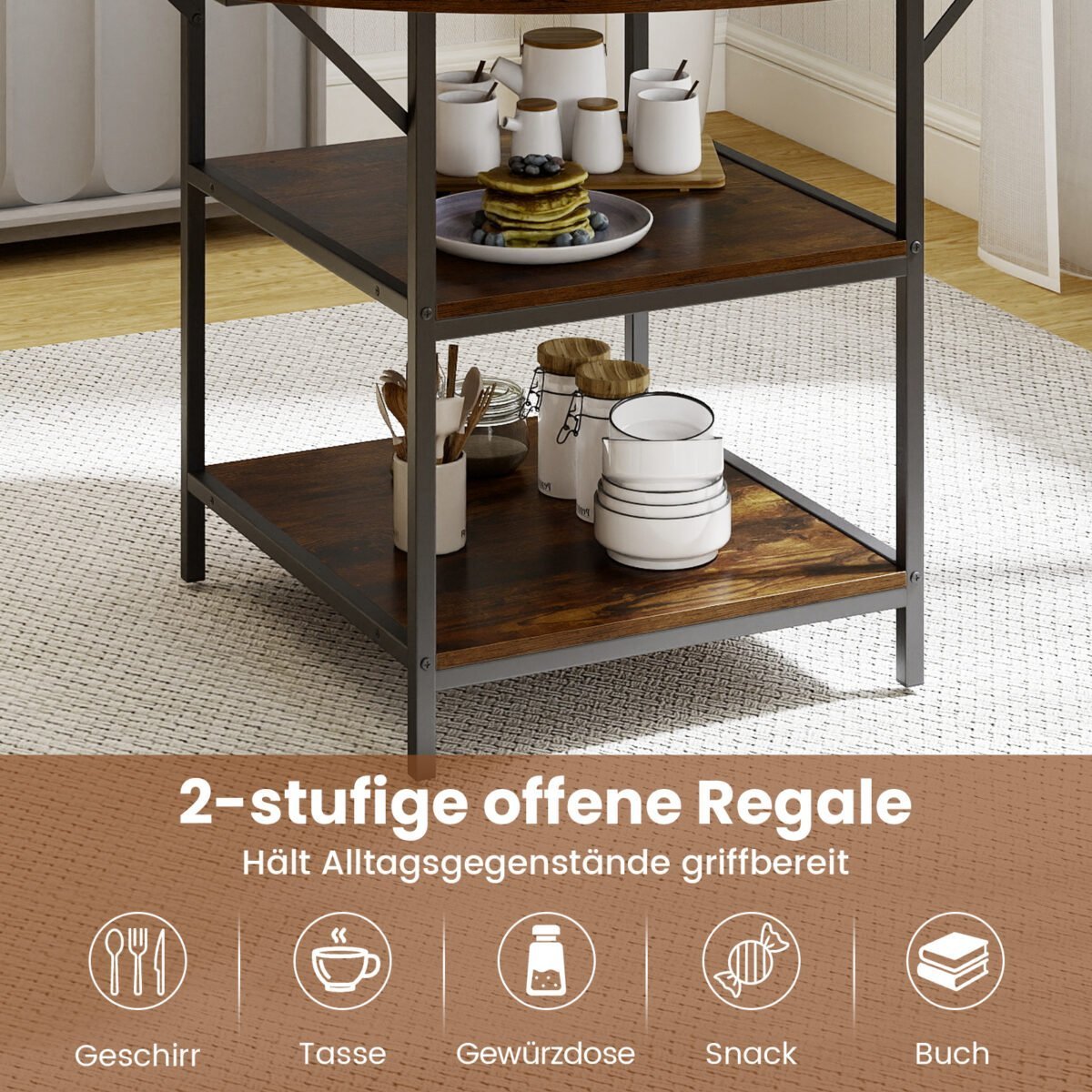 Apvalus 120 cm valgomojo stalas su dviejų lygių lentyna ir metaliniu rėmu (Ruda) – Paveikslėlis 3