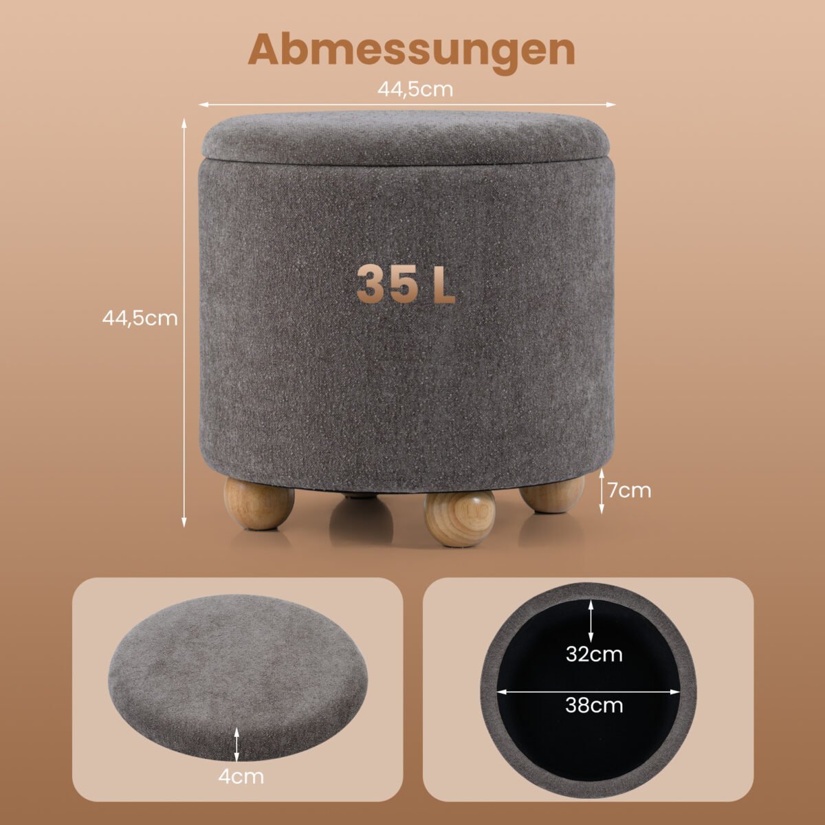 Apvalus pufas su daiktadėže ir medinėmis kojelėmis (Pilka) – Paveikslėlis 2